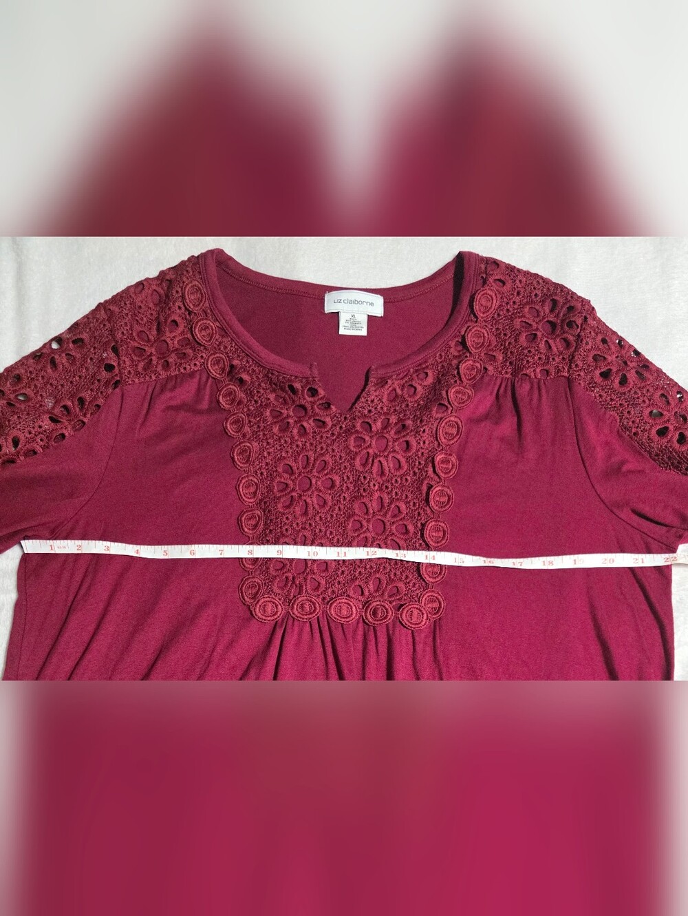 Liz Claiborne XL Burgundy Crochet Lace Boho Peasant Tunic Top 3/4 Sleeve - Picture 7 of 9